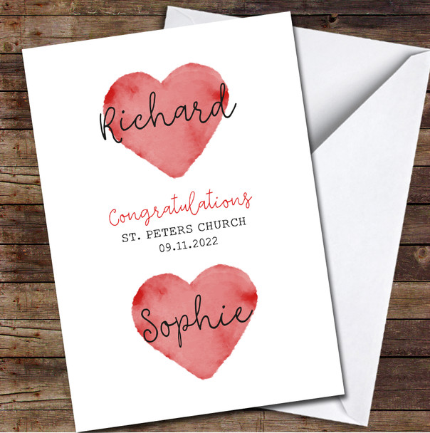 Wedding Day Married Two Love Hearts Names Painted Red Painted Personalised Card