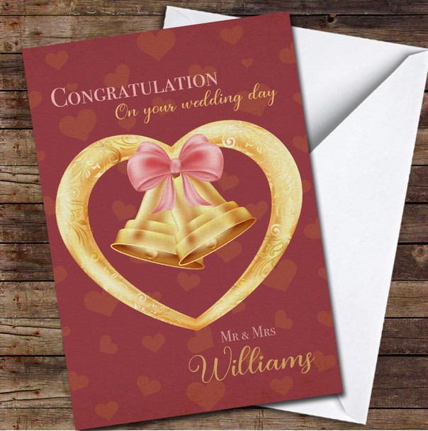 Gold Wedding Bells Congratulations Wedding Day Mr and Mrs Name Personalised Card