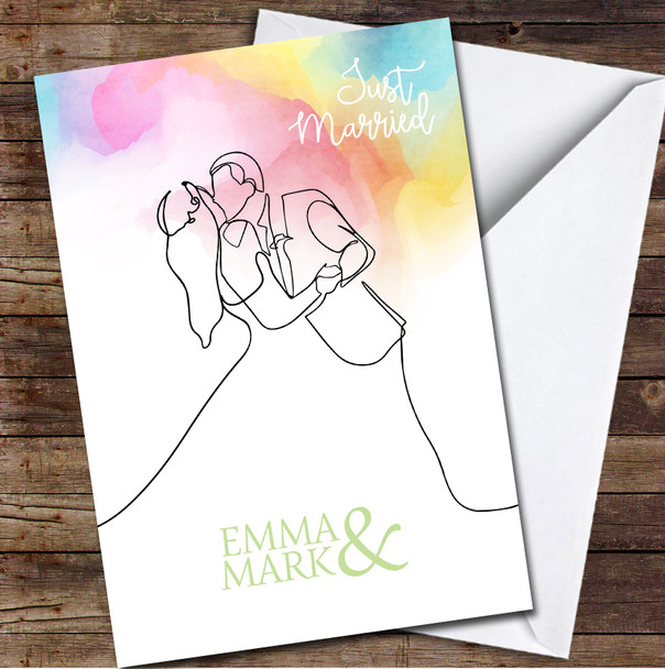 Rainbow Watercolour Wash Wedding Line Art Just Married Names Personalised Card