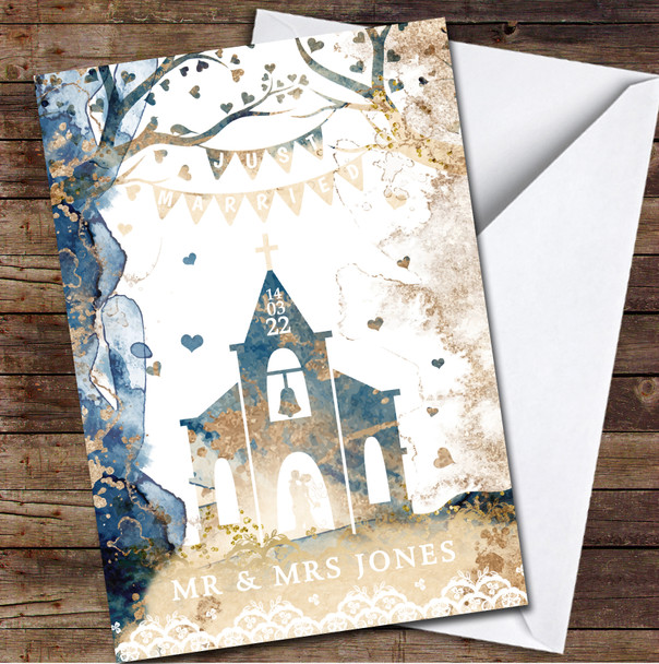 Just Married Wedding Name & Date Church Vintage Blue Golden Personalised Card