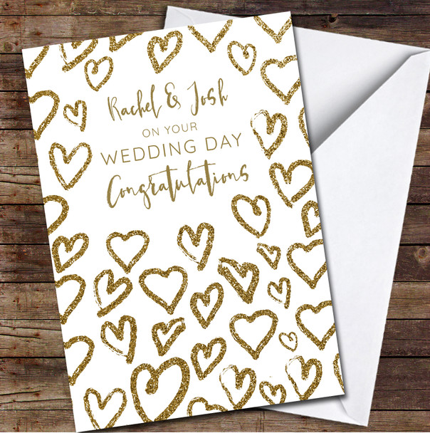 Wedding Day Heart Pattern Couple Gold Congratulations Names Personalised Card