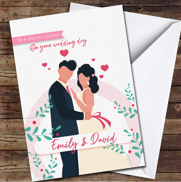 Groom & Bride Pink Hearts Wedding Day Names Special Couple Personalised Card