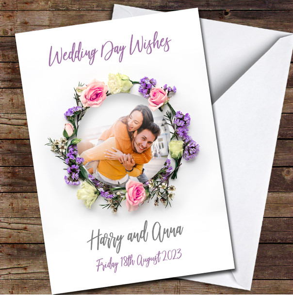Wedding Day Photo Wishes Purple Pink Flowers Floral Wreath Personalised Card