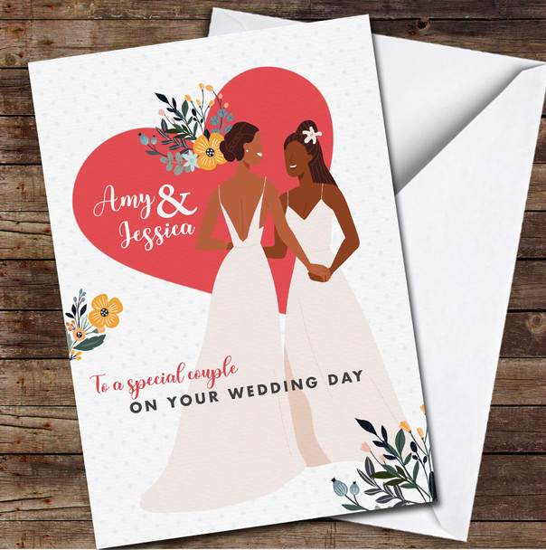 Dark Skin Women Lesbian Wedding Day Floral Special Couple Personalised Card