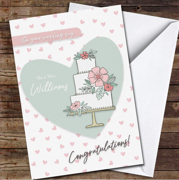 Wedding Day Cake Pink Flowers Congratulations Hearts Teal Personalised Card