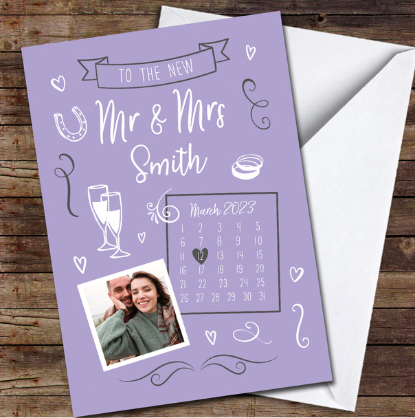 To The New Mr & Mrs Wedding Day Date Doodle Photo Purple Personalised Card