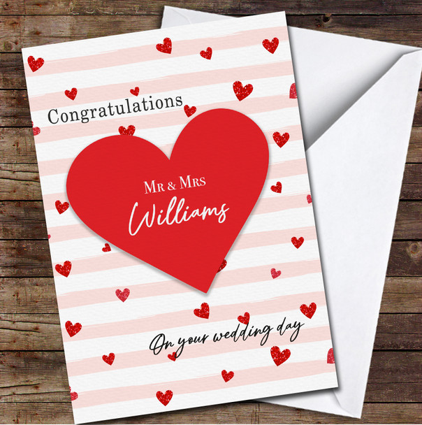 Red Glitter Hearts Congratulations Wedding Day Mr & Mrs Personalised Card