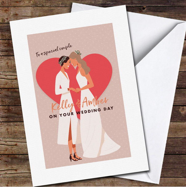 Red Heart Two Brides Lesbian Wedding Day Special Couple Personalised Card