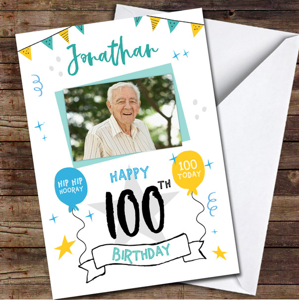 100th Birthday Male Party Bright Photo Personalised Birthday Card