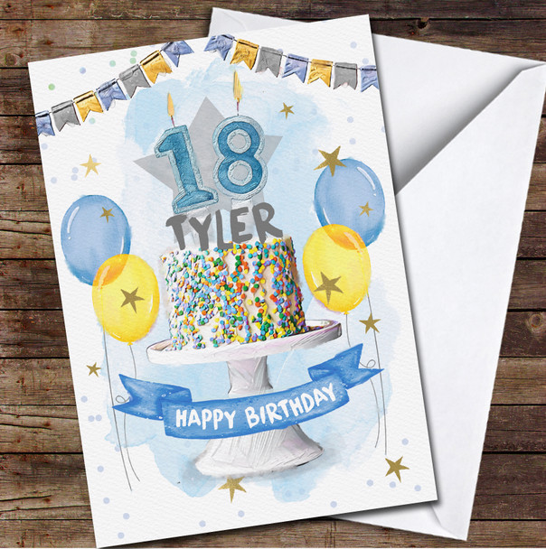 18th Eighteenth Blue Teenager Cake Painted Party Balloons Birthday Card