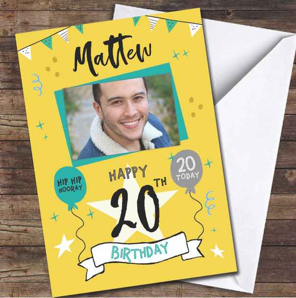 20th Birthday Male Boy Party Yellow Photo Personalised Birthday Card