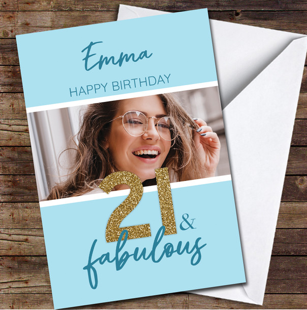 21st Birthday Blue Gold Glitter 21 & Fabulous Photo Personalised Birthday Card