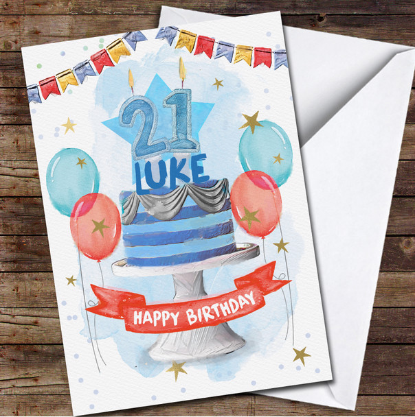 21st Twenty-first Male Boy Silver Cake Painted Party Balloons Birthday Card