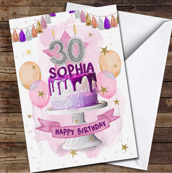 30th Thirty Purple Drip Cake Pink Party Balloons Personalised Birthday Card