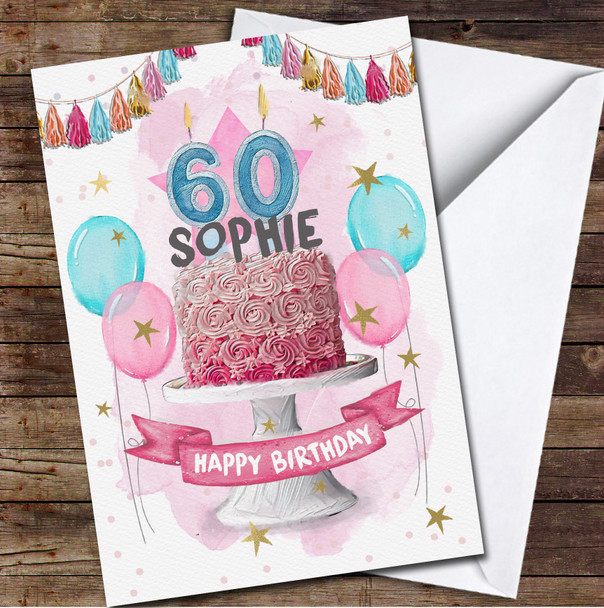 60th Sixty Birthday Pink Flower Cake Party Balloons Personalised Birthday Card