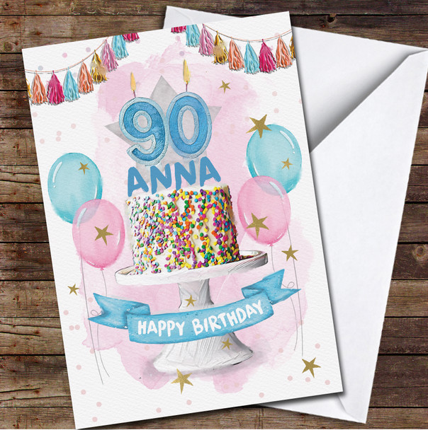 90th Ninety Rainbow Cake Painted Party Balloons Personalised Birthday Card