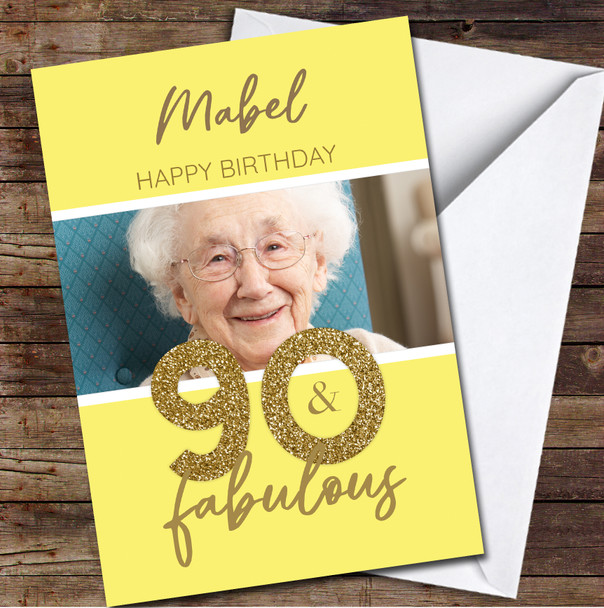 90th Birthday Yellow Gold Glitter Female Photo Personalised Birthday Card