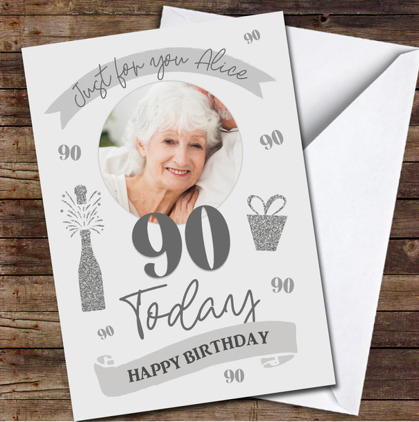 90 Today 90th Silver Female Champagne Gift Banner Photo Birthday Card