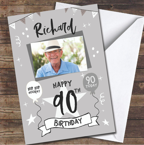 90th Birthday Male Party Silver Grey Photo Personalised Birthday Card