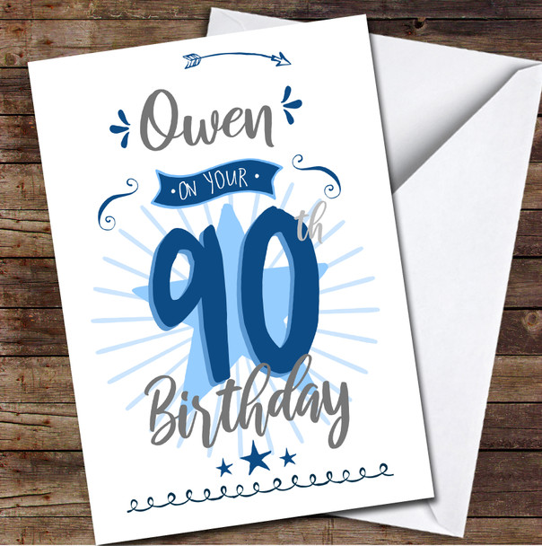 90th Birthday Male Blue Text Personalised Birthday Card