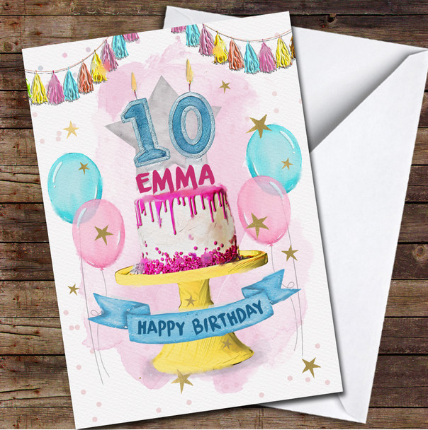 Pink Drip Cake Balloons Children's Age 10 Tenth 10th Personalised Birthday Card