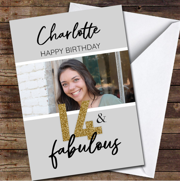 14th Birthday Gold Glitter Female Photo Personalised Birthday Card