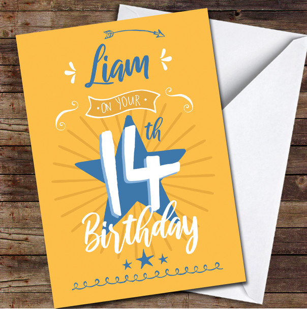 14th Birthday Boy Male Orange Text Personalised Birthday Card