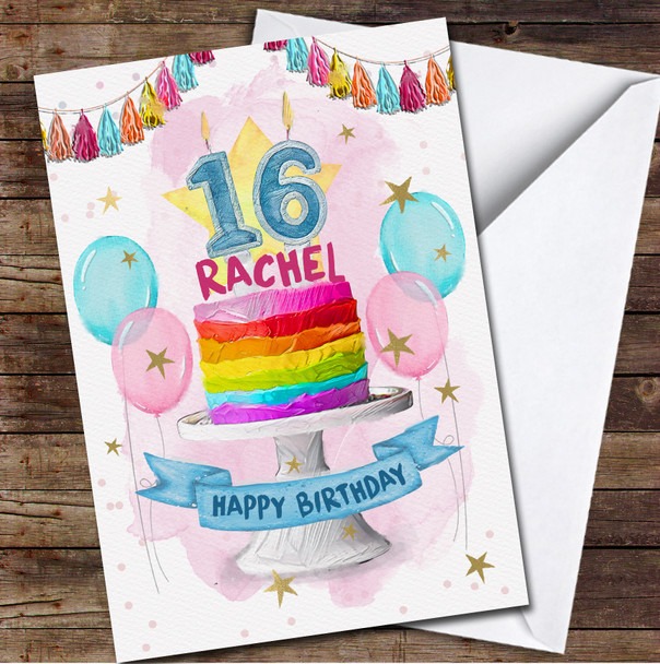 16th Rainbow Stripe Cake Balloons Sweet Sixteenth Personalised Birthday Card