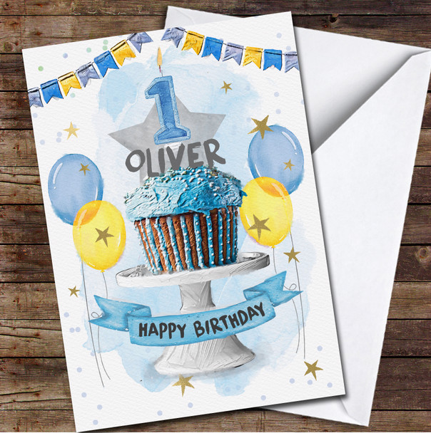 1st First Birthday Boy Blue Cupcake Party Balloons Personalised Birthday Card