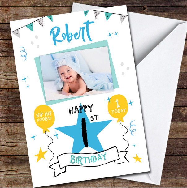 1st Birthday Boy Party Bright Photo Personalised Birthday Card