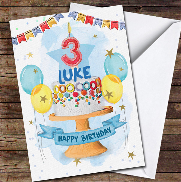 3rd Third Boy Bright Cake Painted Party Balloons Personalised Birthday Card