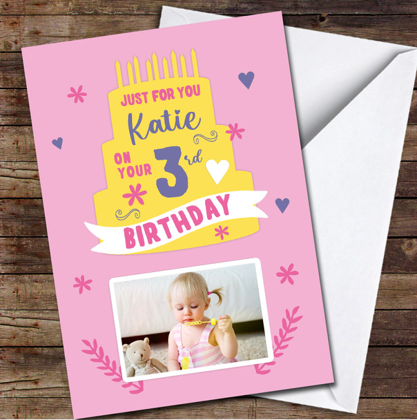 3rd Birthday Girl Yellow Pink Cake Photo Personalised Birthday Card