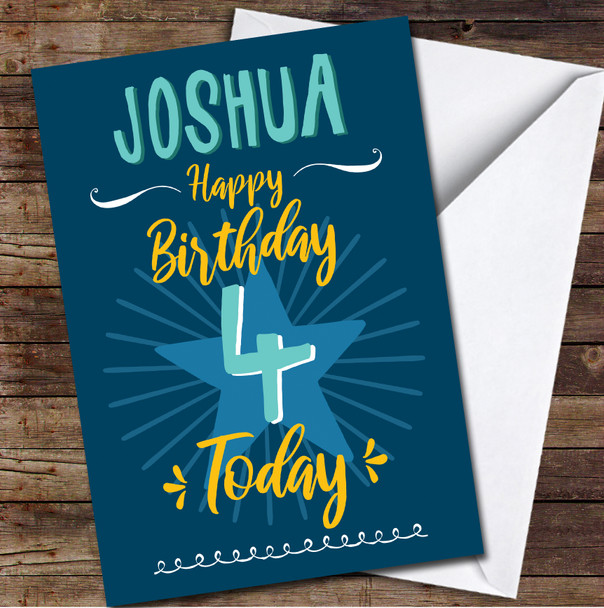 4th Birthday Boy Blue Text Personalised Birthday Card