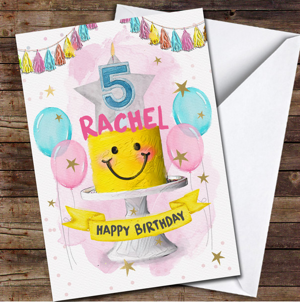 Yellow Smiley Cake Balloons Children's Age 5 Fifth 5th Birthday Card