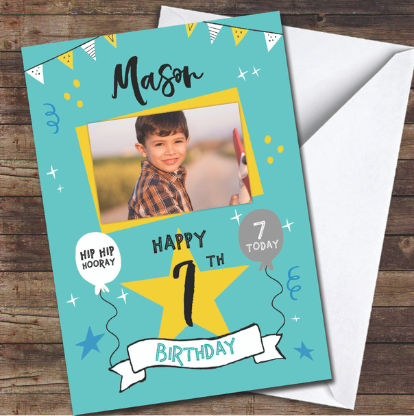 7th Birthday Boy Turquoise Party Bright Photo Personalised Birthday Card