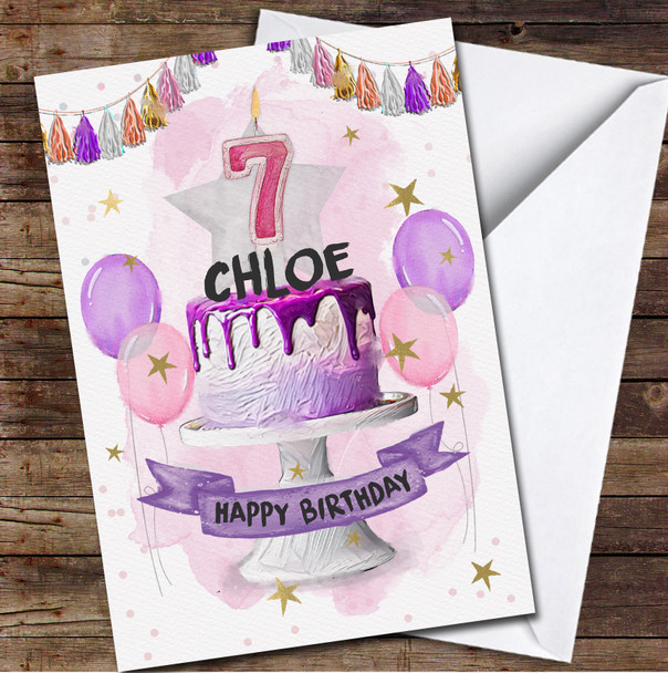 Purple Drip Cake Balloons Children's Age 7 Seventh 7th Birthday Card