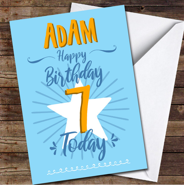 7th Birthday Boy Blue Text Personalised Birthday Card