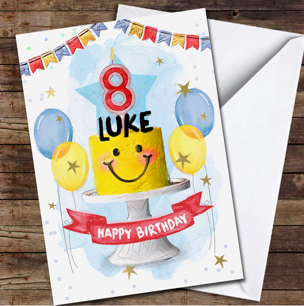 8th Eighth Smile Happy Cake Painted Party Balloons Personalised Birthday Card