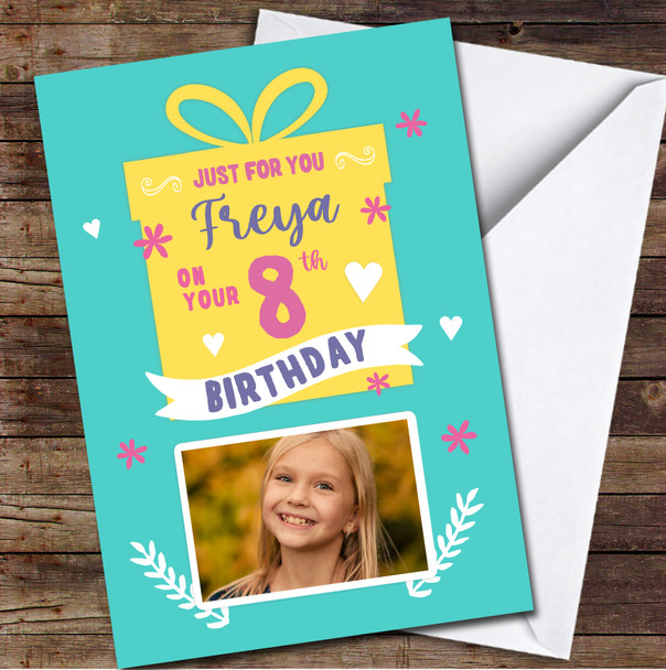 8th Birthday Girl Yellow Turquoise Gift Photo Personalised Birthday Card