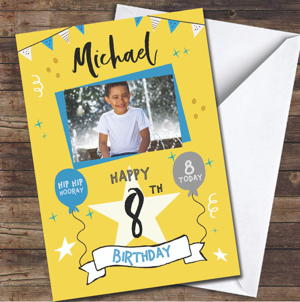 8th Birthday Boy Party Yellow Photo Personalised Birthday Card