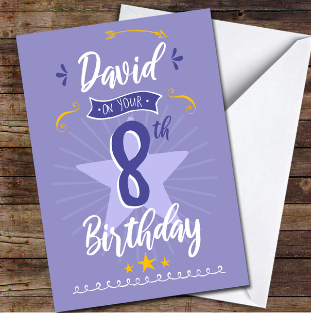 8th Birthday Boy Purple Text Personalised Birthday Card