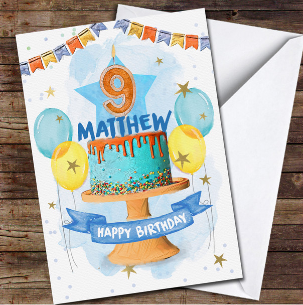 9th Ninth Boy Blue Cake Painted Party Balloons Personalised Birthday Card