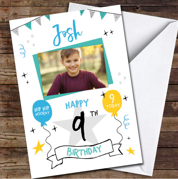 9th Birthday Boy Party Bright Photo Personalised Birthday Card