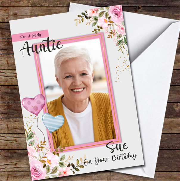 Auntie Watercolour Pink Floral & Balloons Photo Frame Personalised Birthday Card