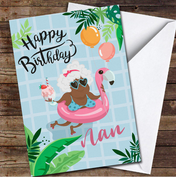 Dark Skin Funny Nan In Inflatable Pink Flamingo Happy Personalised Birthday Card