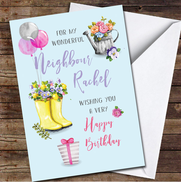 Neighbour Flowers Balloons Gift Wellies Garden Floral Personalised Birthday Card