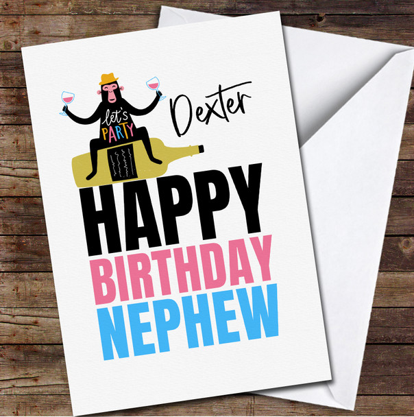 Nephew Smiling Monkey In Yellow Hat Sitting On Bottle Personalised Birthday Card