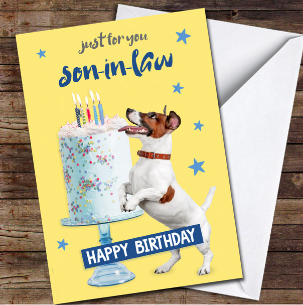 Son-in-law Jack Russell Dog Eating Cake Playful Party Personalised Birthday Card