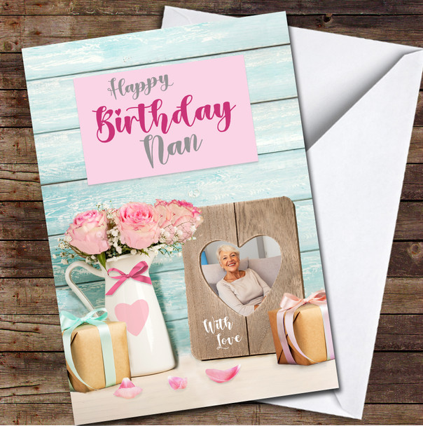 Nan Happy Birthday Flowers Gift Photo Frame Pink Blue Personalised Birthday Card