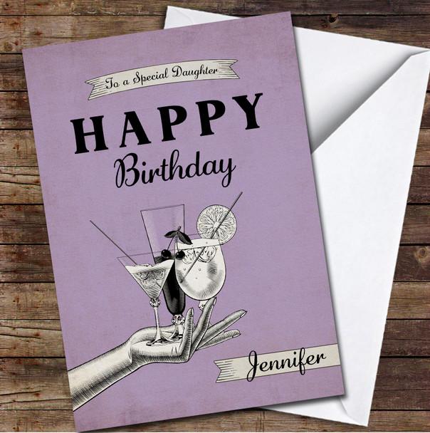 Daughter Birthday Purple Retro Hand Holding Cocktails Personalised Birthday Card